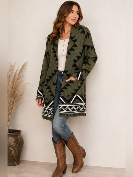 Frye Sweaters - FRYE XL Southwestern Aztec Long Cardigan Sweater Olive Green Black